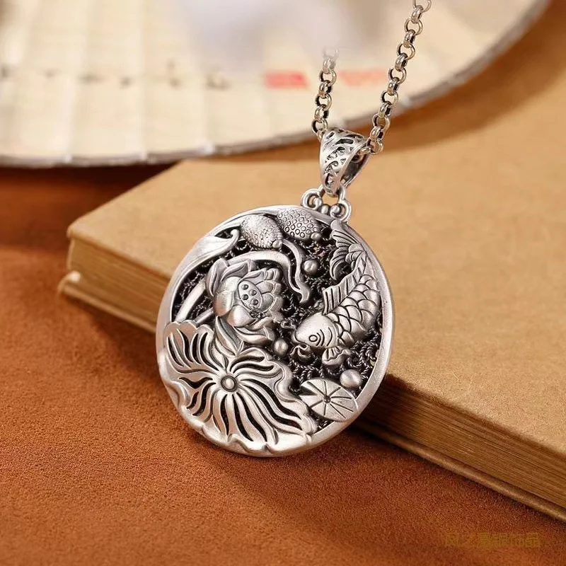 Exquisite Carving Lotus Fish Buckle Pendant Necklace For Lady Sweater Chain Accessories Trendy S925 Necklace Women Amulet Gift