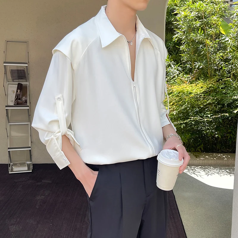 

Summer Ice Silk Zipper Casual Thin Short Sleeve Shirt Men's No Ironing Design Sense Men's Shirt Loose Fit Polyester Fiber