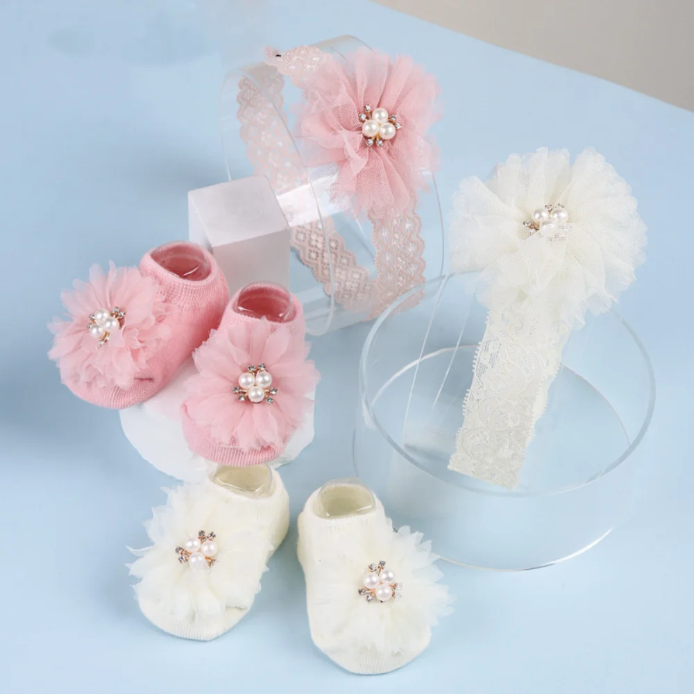 

Trendy Pearl Baby Headband Non Slip Lace Flower Socks Set Bows Cotton Sock