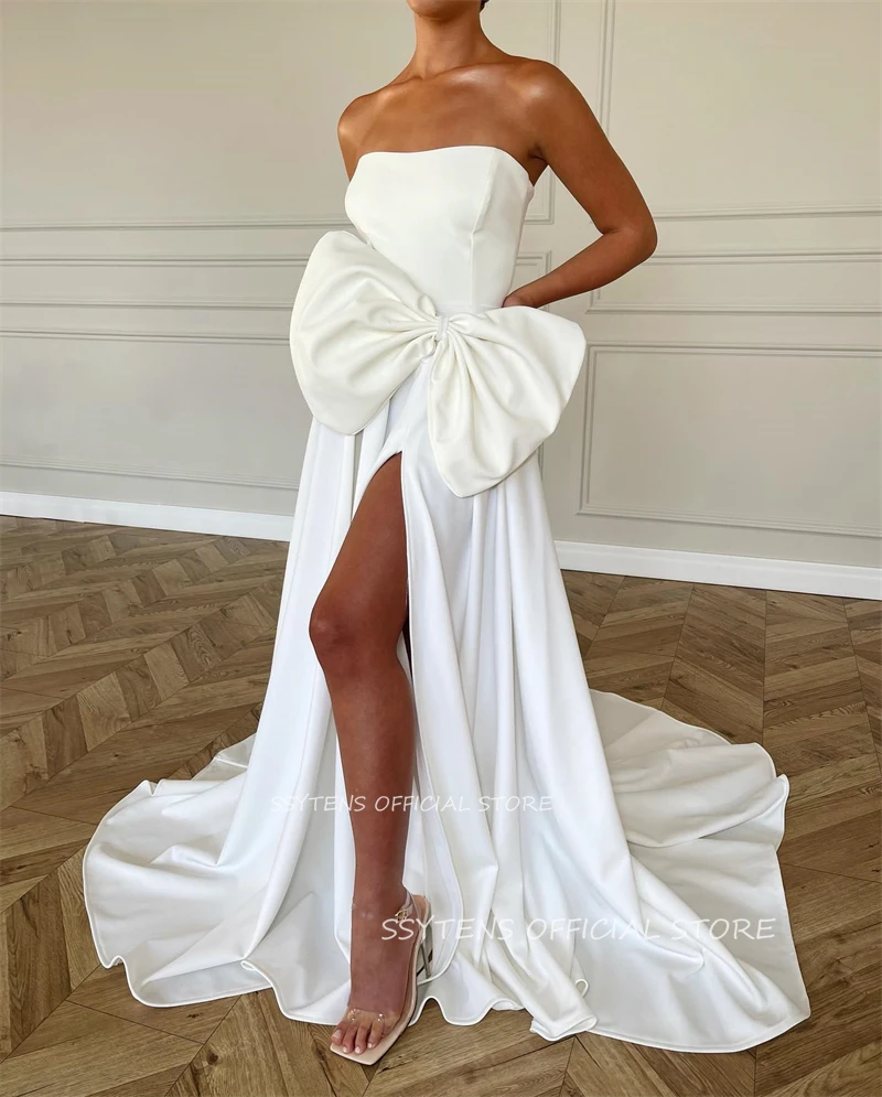 Modest Bridal Gowns Satin Sleeveless Wedding Dresses Strapless Israel Bow Vestido De Noiva Casamento Bride Dress 2024 Leg Split