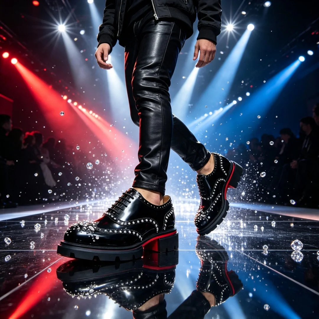 Exquisite New Rhinestones Rivets Decorate Black Patent Leather Men's Loafers Round Toe Red Sole Sewing Lace-Up Single Shoes Male