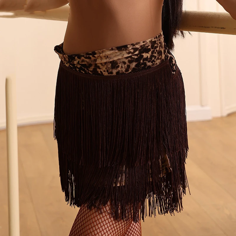 Latin Dans Rok Vrouwen Sexy Kwastje Korte Rok Rumba Samba Cha Cha Dans Praktijk Training Kleding Luipaard Fringe Rok BL15861