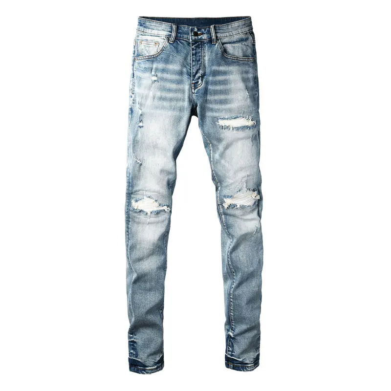 y2kStreet fashion men's light blue jeans retro elastic slim fit perforated patch trendy brand tapered pants men's Y2K