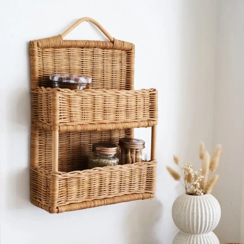 

Nordic Double Layer Storage Holders Rattan Weaving Storage Racks Kitchen Organization Floating Wall Shelf Room Accessories