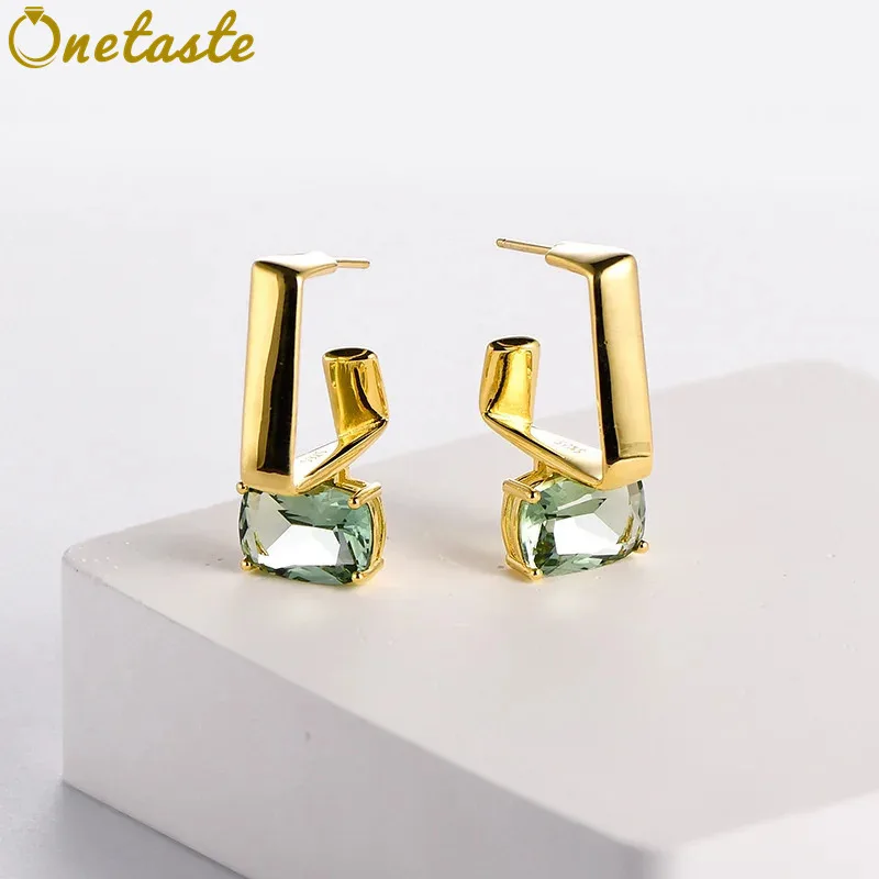 

925 Sterling Silver Gold Plated Green Crystal Charm Huggie Earrings Women Simple French Trendy Ear Cuff Wrap Earring Party Gift