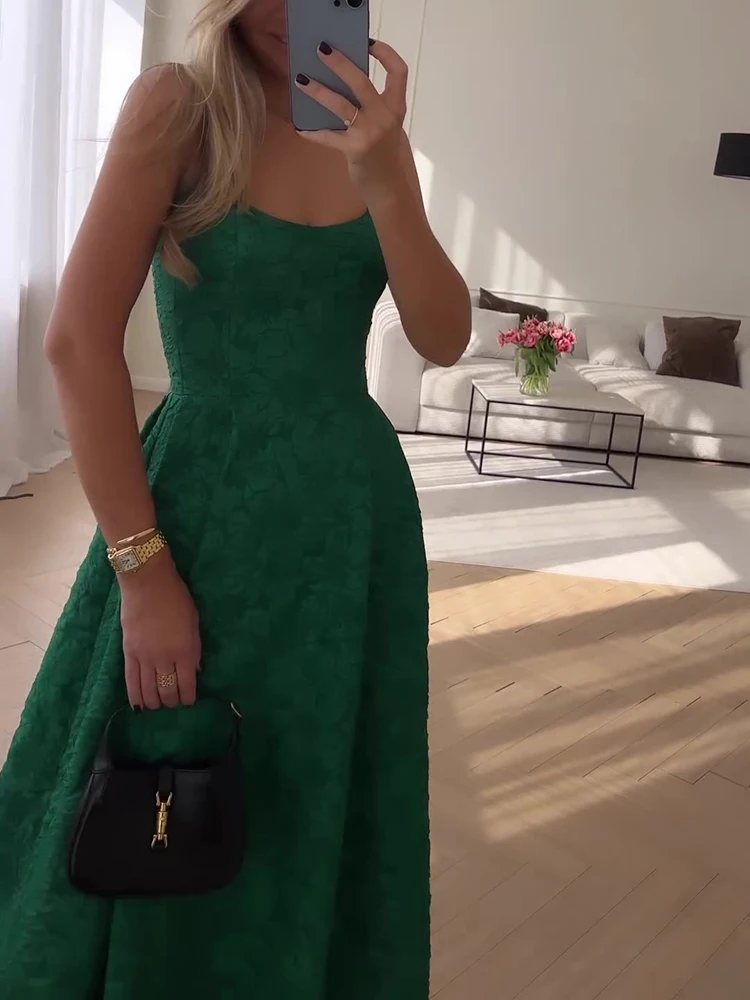 Elegant Green Big Swing Strap Dresses Spring Women Wrinkled Sleeveless Loose Dress Summer High Waist Knee Length Camisole Dress