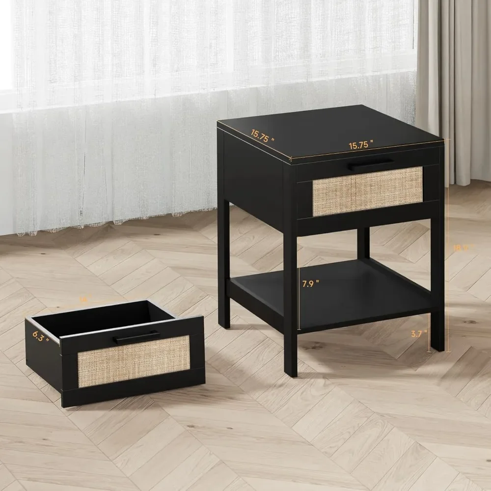 

Rattan Nightstand Set of 2 - Rattan Decor Drawer Night Stand Natural Wood Bedside Table Boho End Table
