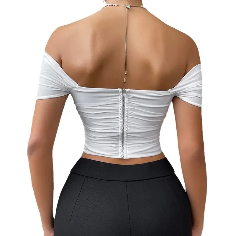 Neues trägerloses Tanktop mit Fischgrätenbund im Innenbereich, schönes Rückenkorsett, kurzärmliges One-Shoulder-Top für Damen