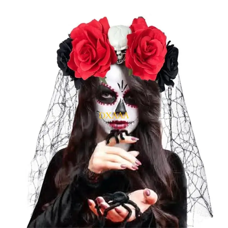 DXAA Halloween Skull Flower Veil Hairband Adult Kids Costume Event Hair Accessory
