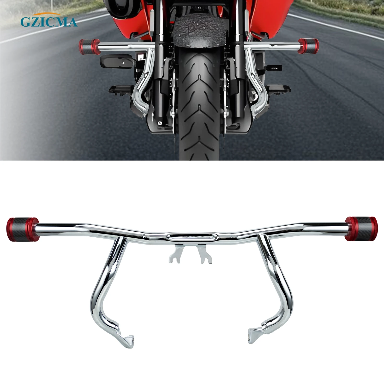 GZICMA Chrome Engine Guard Crash Bar with CNC End Sliders for Harley 2014-2025 Touring Street Glide Road Glide Road King Ultra
