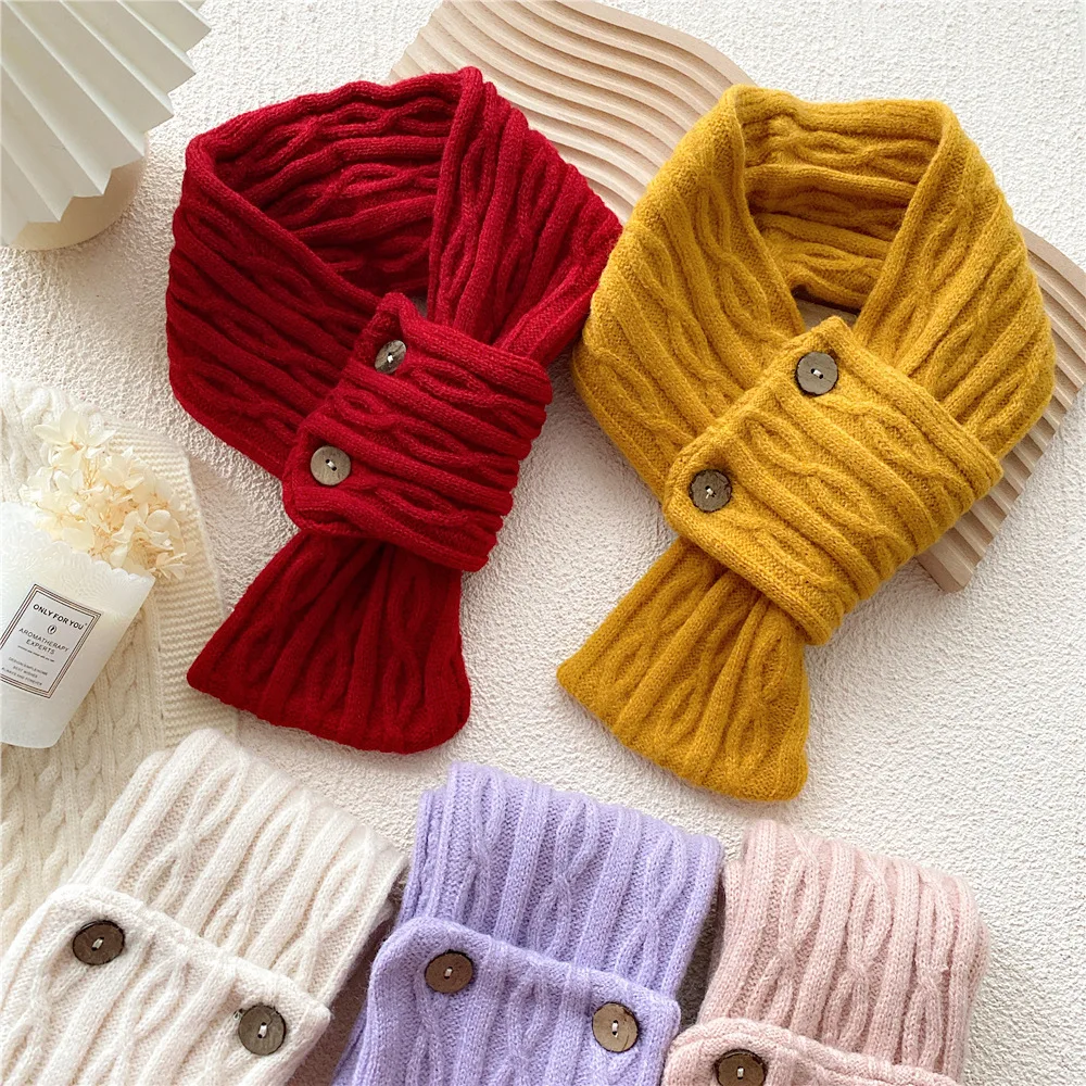 Winter Knitted Scarf Button Fashion Solid Color Muffler Fashion Girl Lady Outdoor Windproof Cold-proof Neck Neckerchief Bandelet