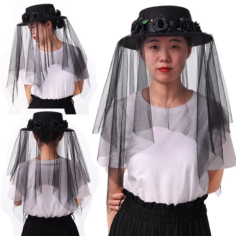 قبعة نسائية كلاسيكية من Steam-punk شال شبكي أسود أنيق للسيدات