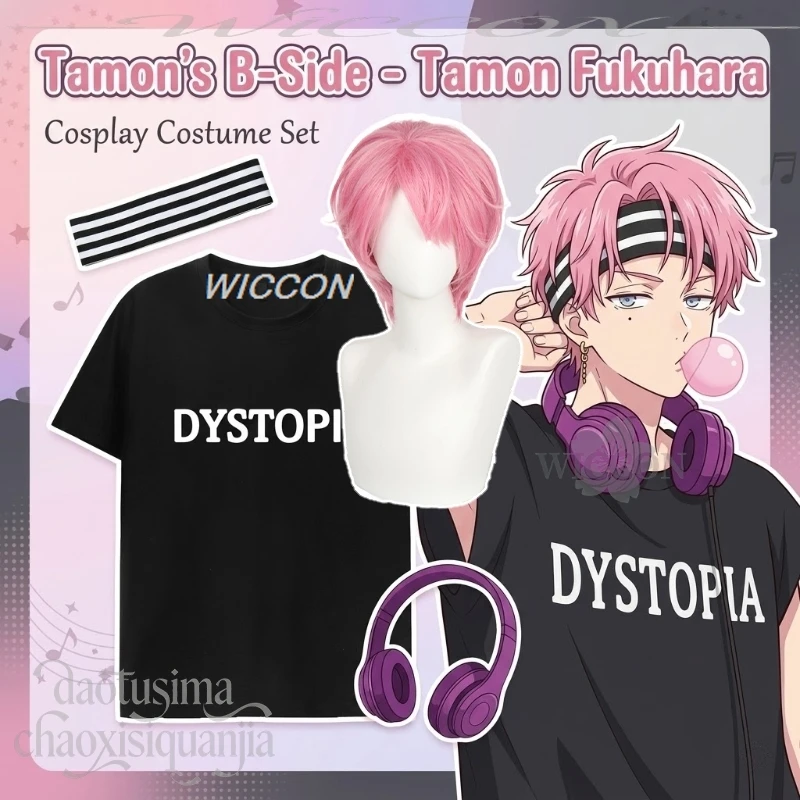 Anime Tamon's B-Side-Tamon Cosplay Fukuhara Idol Fashion Letter Pattern Black T-shirt Pink Wigs Black And White Striped Headband