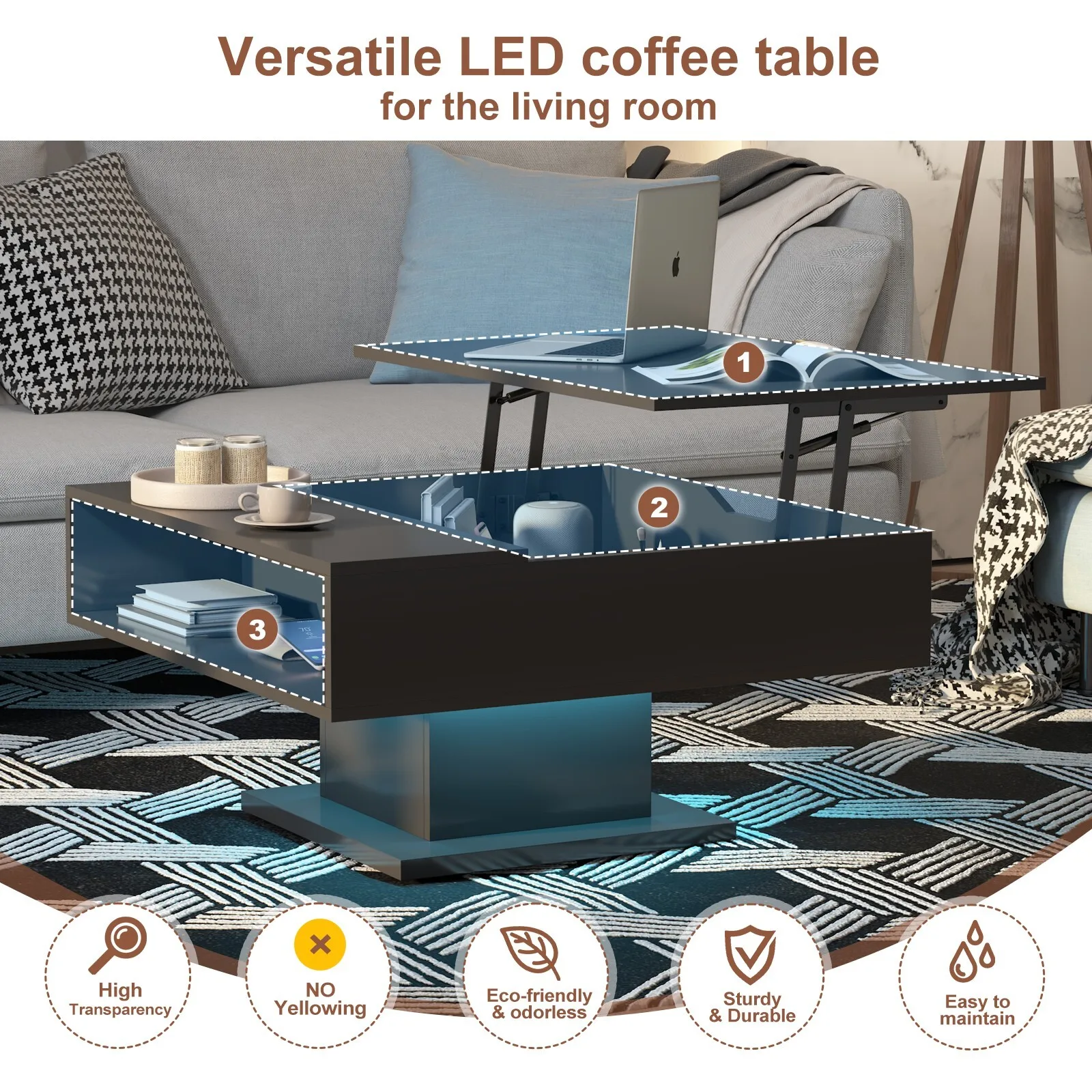 طاولة قهوة Cafe TablesLift مع مساحة تخزين واسعة ومدمجة في تصميم مربع بإضاءة LED لغرفة المعيشة الحديثة