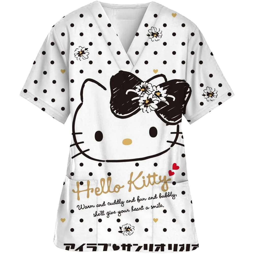 

Beach Style Hello Kitty Scrubs Medical Uniforms Woman Hello Kitty Cartoon Printed Nurse Tops Pet Groom Short Sleeve Carer Clothe