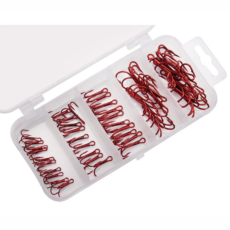 50Pcs Box High Carbon Steel Treble Fishing Hooks 2# 4# 6# 8# 10# Bent Triple Fishhooks Set Red Anchor Hooks For Sea Fishing image 2