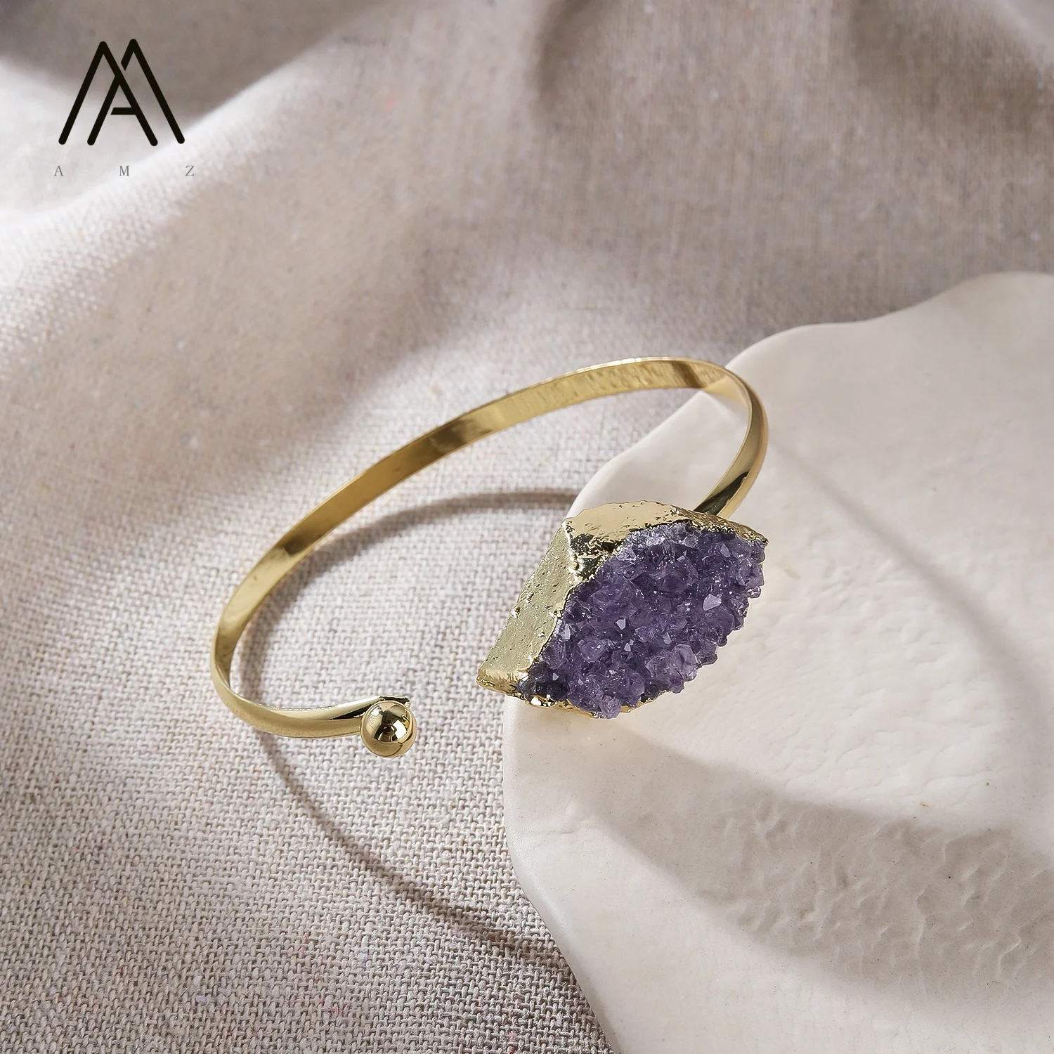 Fashion Natural Amethyst Quartz Cluster Open Cuff Bangle Women Purple Quartz Crystal 18K Gold Plated Bangle Bracelet Jewelry