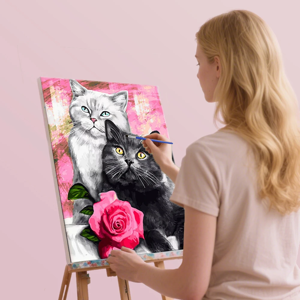 HUACAN الطلاء بواسطة أرقام القط الحيوان رسمت باليد مجموعات ديكور المنزل الحرف مجردة رسم على قماش زهرة الورد هدية جدار مجموعة #4