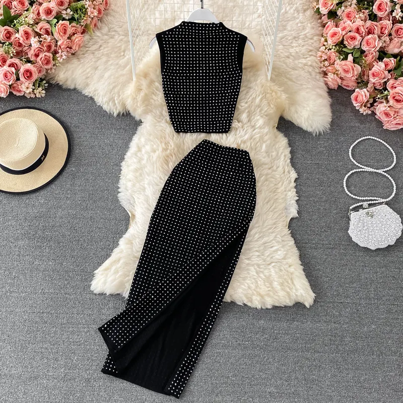 

Summer stand up collar T-shirt waist slimming sexy bag hip slit mid length skirt sparkling rhinestone two-piece set