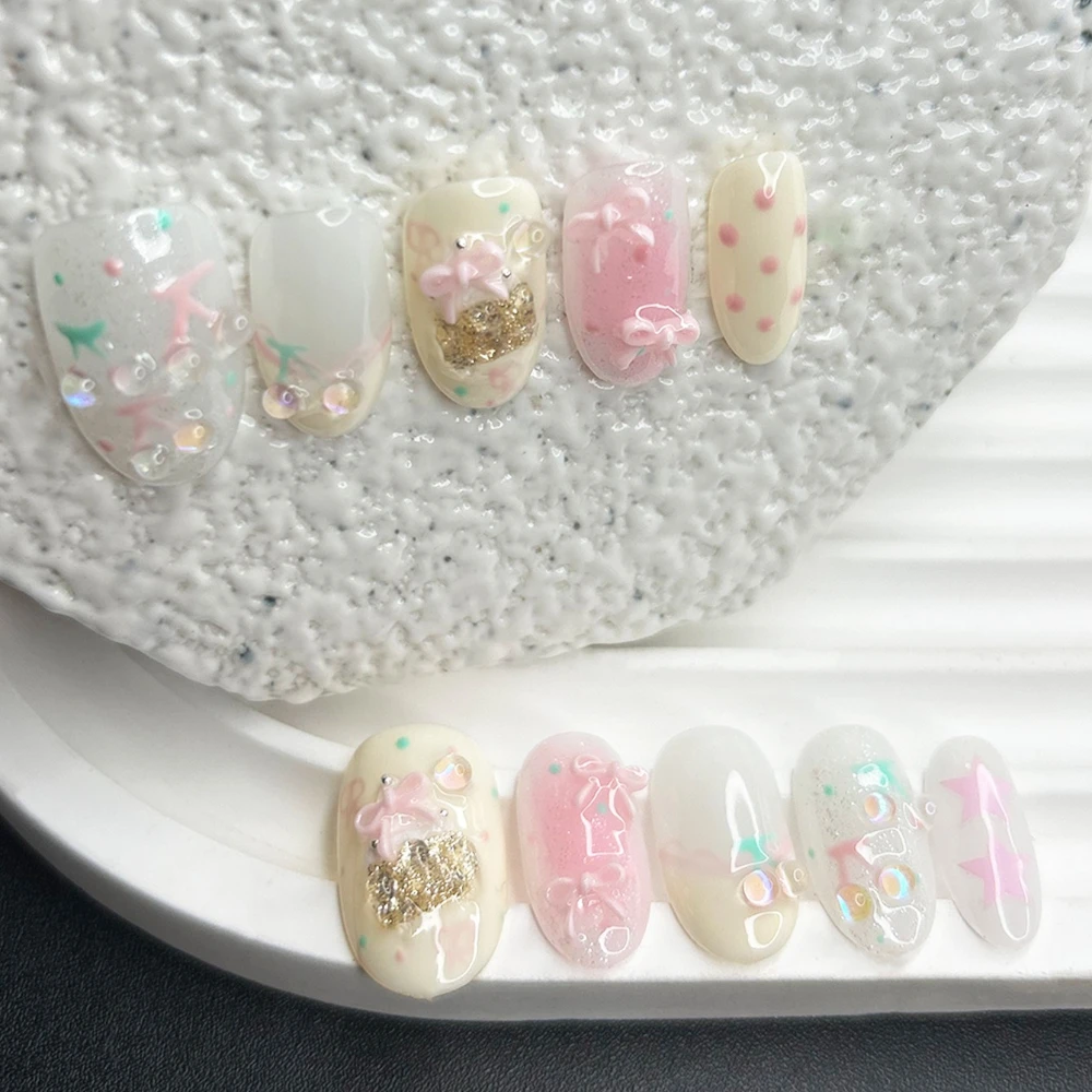 Cute Cheese Cherry Pink Handmade Press On Nails Bow Ice Cream Dreamy Hand-Painted Collection Fake Nails Removable Reusable - view 3