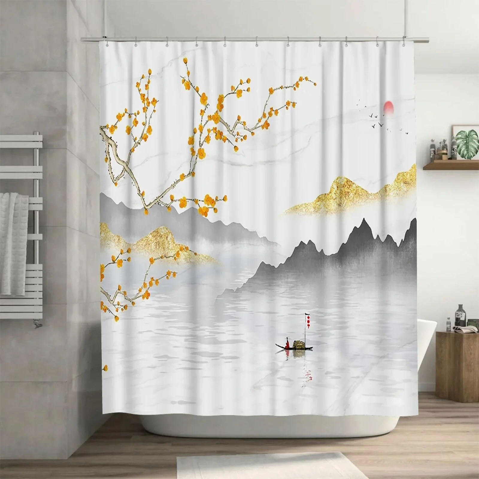 

Водонепроницаемая занавеска для душа в восточном пейзаже, термостойкая, можно стирать в машине, непрозрачная, 180x180 см