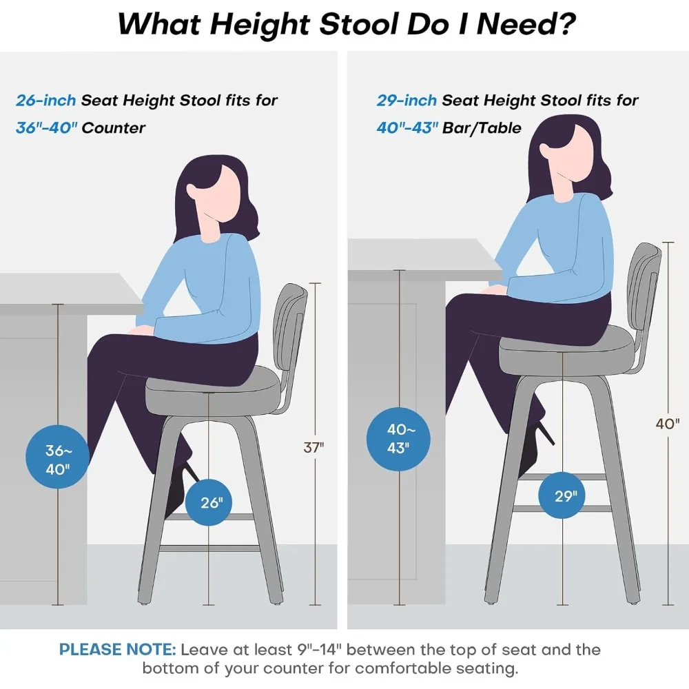مجموعة مقاعد بار بارتفاع عداد دوار مكونة من 2، مقاعد للبار منجدة من الجلد الصناعي مع ظهر، كراسي بار بارتفاع المقعد مقاس 26 بوصة، مقعد جزيرة