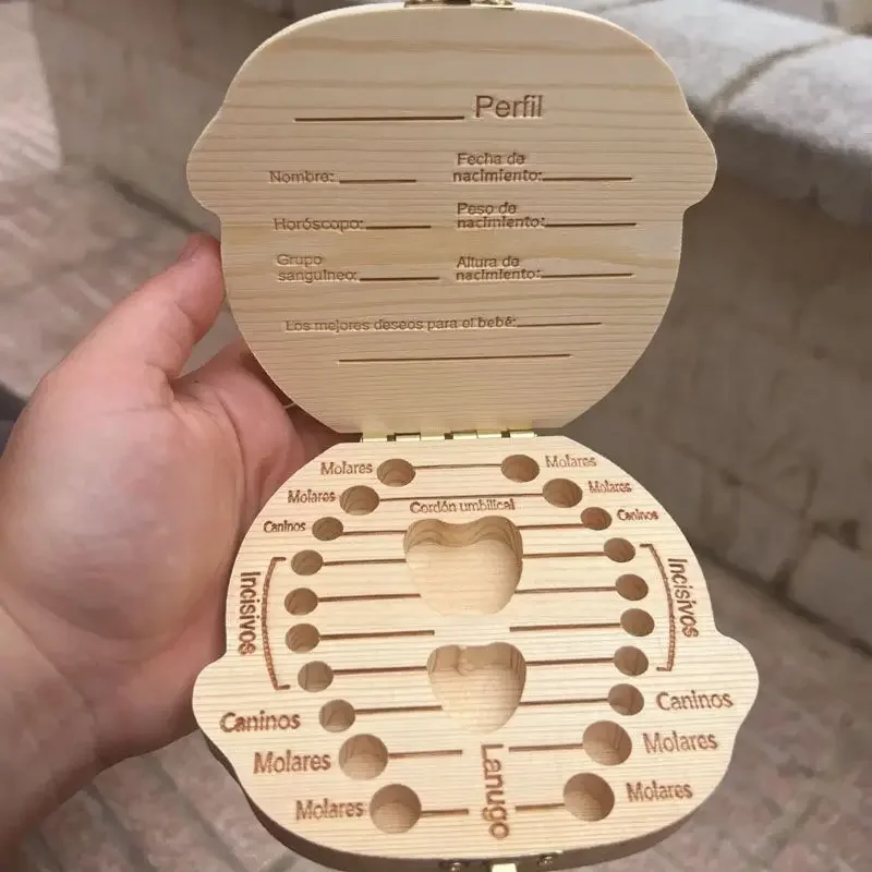 

1pcs English&Spanish Baby Wood Tooth Box Organizer Milk Teeth Storage Collect Teeth Umbilica Save Gifts Baby Tooth Box