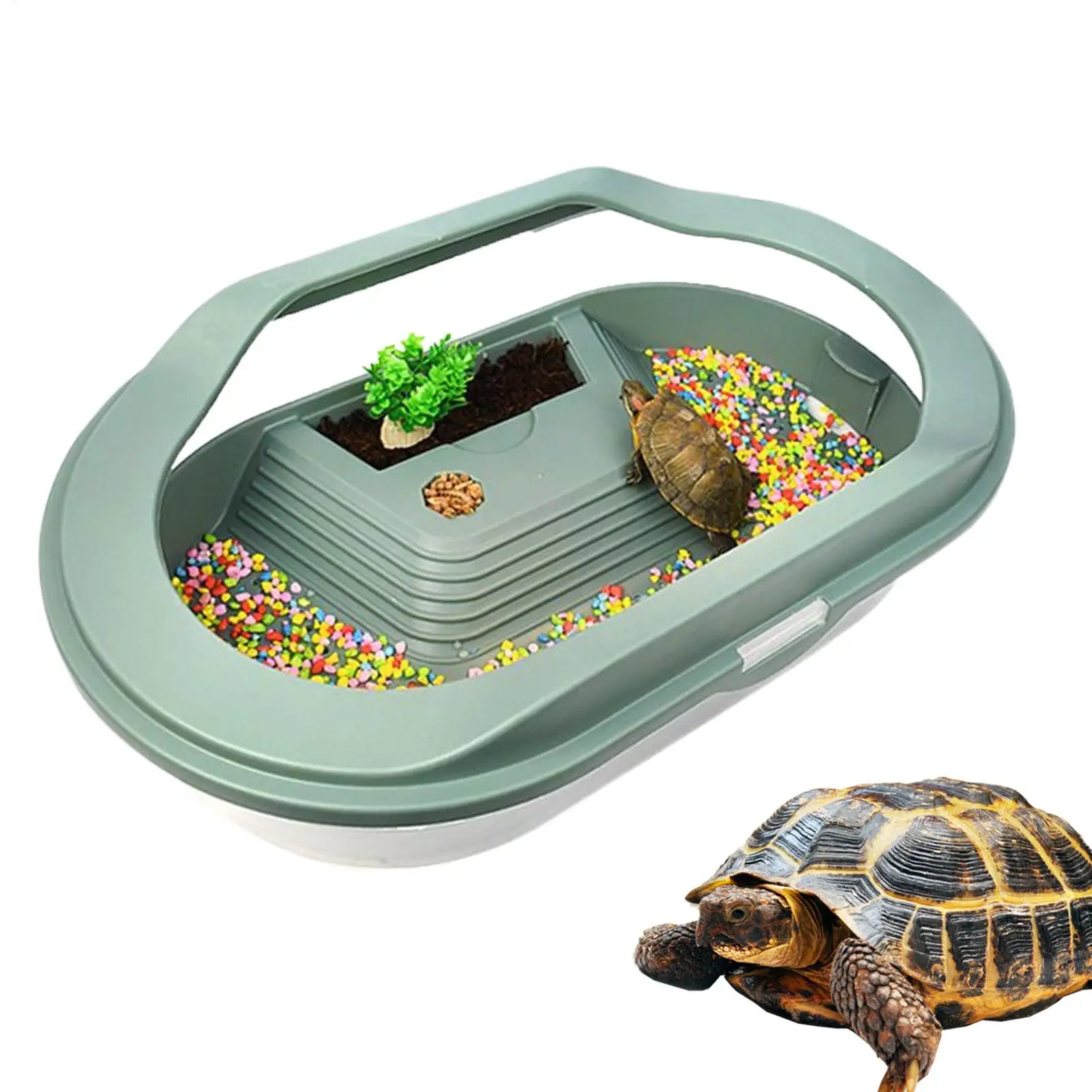 Turtle Tank Turtle Cage Bottom Drainage Basking Stage Clear Lid Area Habitat Breeding Box for Hermit Gecko Hermit Crab Small