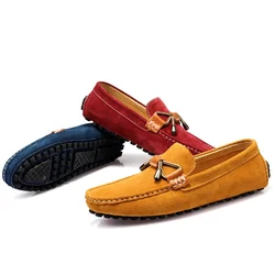 2024 Men Fashion Moccasin Shoes Blue Red Yellow Male Suede Leather Gentleman Walking Loafers Autumn Youth Leisure Shoes