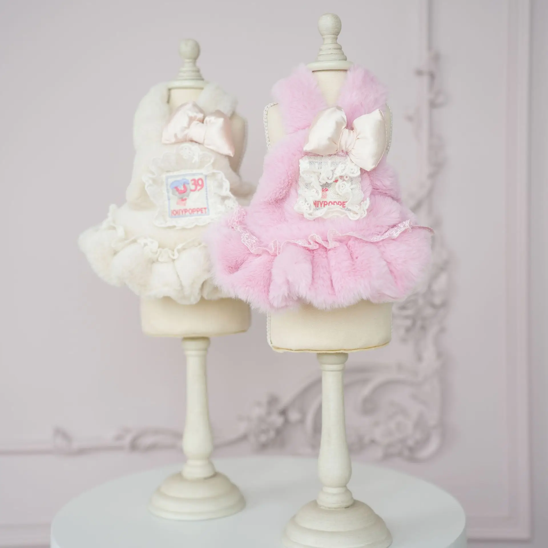 Autumn and Winter Plush Strap Skirt Cute Bow Tie Cat Anti Cold Coat Teddy Bear Dog Clothes for Small Dogs Puppy Clothes