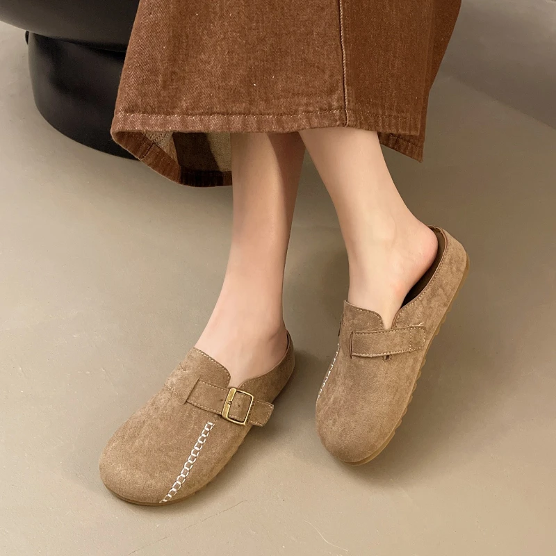 2025 New Genuine Kid Suede Low Heels  Covered Toe Natural Leather Casual Slippers Female Daily Walk