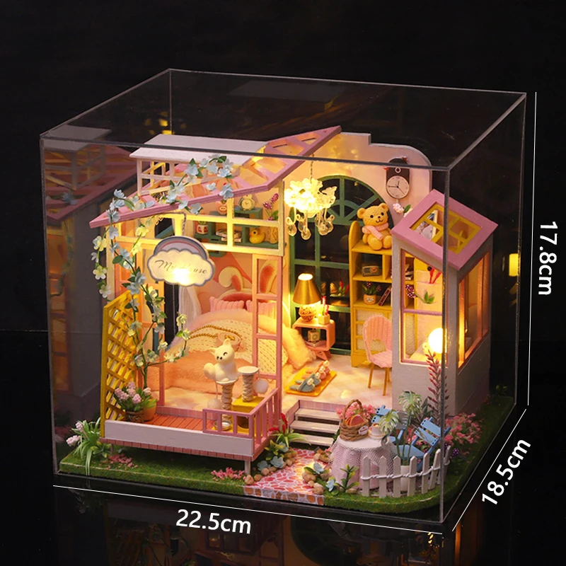 Drewniany Mini Domek dla Lalek Zestaw Puzzle 3D Model do Składania Zabawki Dekoracje do Domu Sypialni z Meblami Prezent na Boże Narodzenie