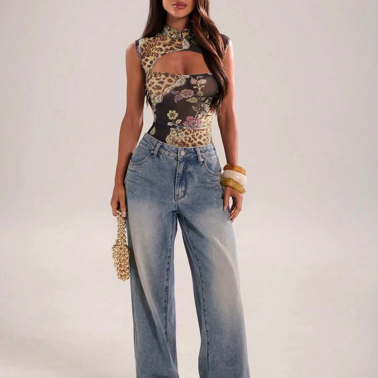 Vintage Chinese Style Stand Collar Bodysuit Leopard Flower Patchwork Cutout Sleeveless High Cut Mesh Body Suit for Sexy Nightclu