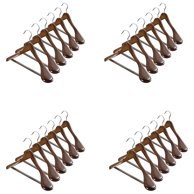 Wide Shoulder Wooden Hangers 24 Pack With Non Slip Pants Bar - Smooth Finish Solid Wood Suit Hanger Coat Hanger