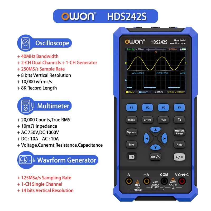 OWON HDS2202S HDS200-serie draagbare digitale oscilloscoop 200 MHz 1GS/s 3 in 1 2 kanalen Osciloscopio-multimeter + 1CH-generator