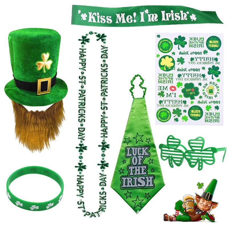 St Patricks Day Accessories,7Pcs Green Saint Patrick’s Novelty Jewelry Assortment Hat Bracelets Necklaces Shamrock Glasses