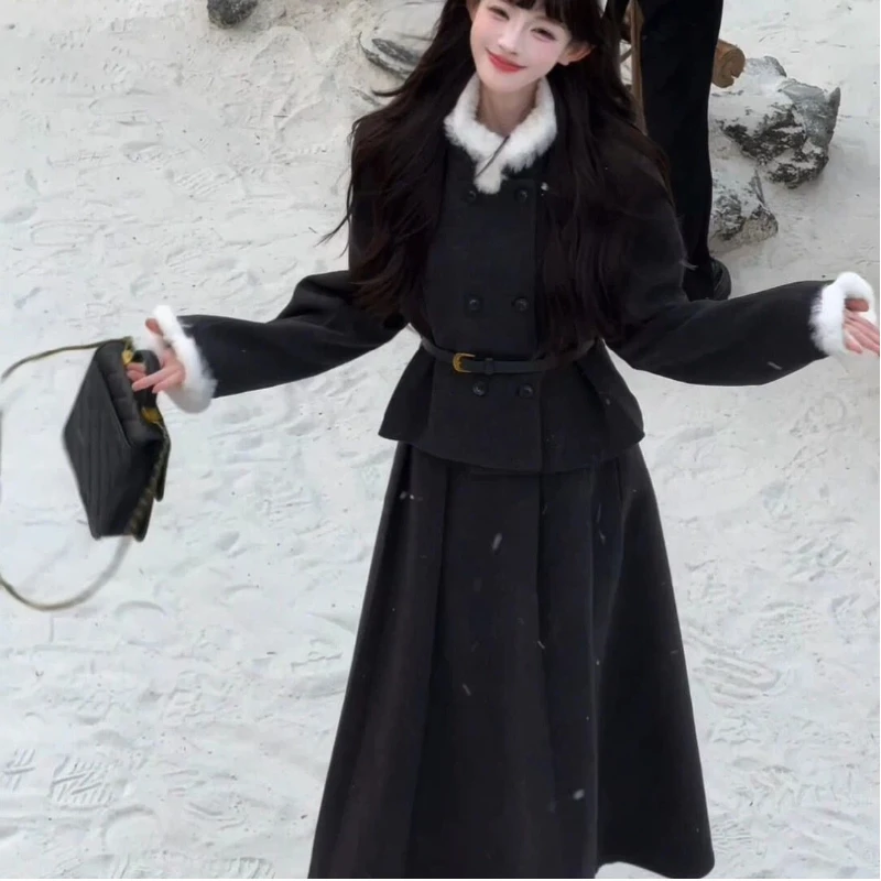 

Зимний японский популярный двубортный комплект из двух предметов, теплый французский элегантный ретро-блейзер и юбка, комплект с меховым воротником, милый твидовый костюм