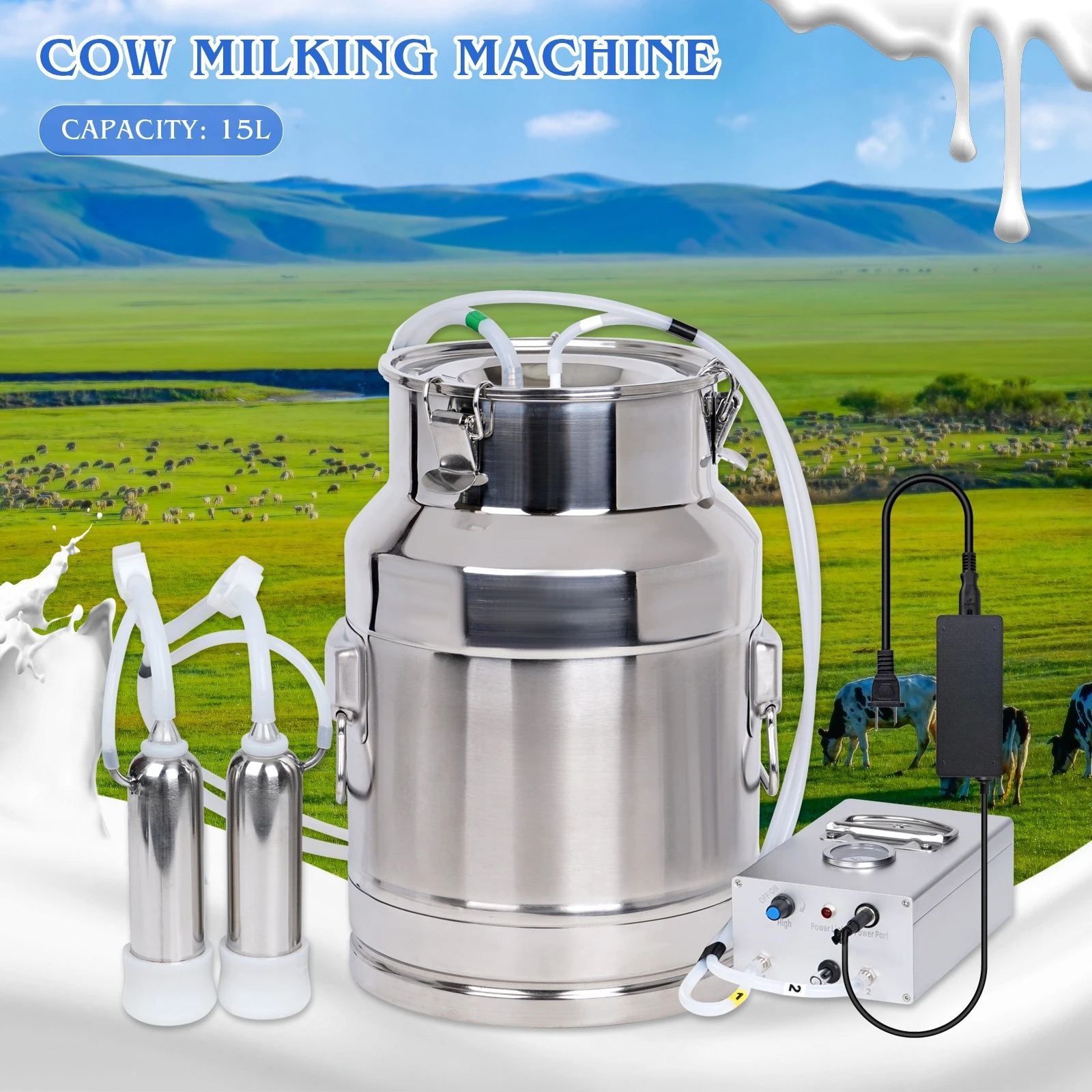 15L  Milking Machine Direct Suction Veterinary Milker Electric Milking Tool for Cow Goat Sheep Household Dairy Farm