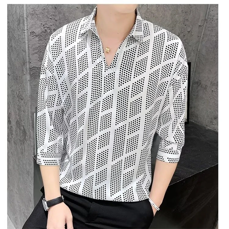 Men\'s Clothing Korean Fashion Print Business Casual Lapel Shirt Summer Three Quarter Sleeve Slim Ice Silk Tops Camisas De Hombre