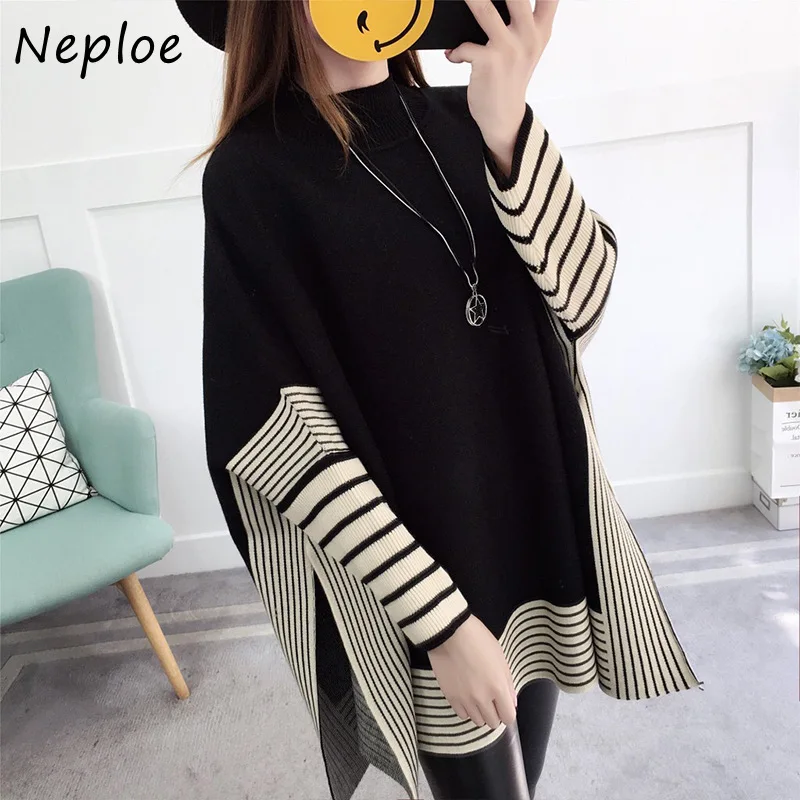 Neploe 2024 Autumn Winter O-Neck Bat Sleeve Sweater Femme Korean Simple Versatile Stripe Stitching Loose Casual Shawl Pullovers