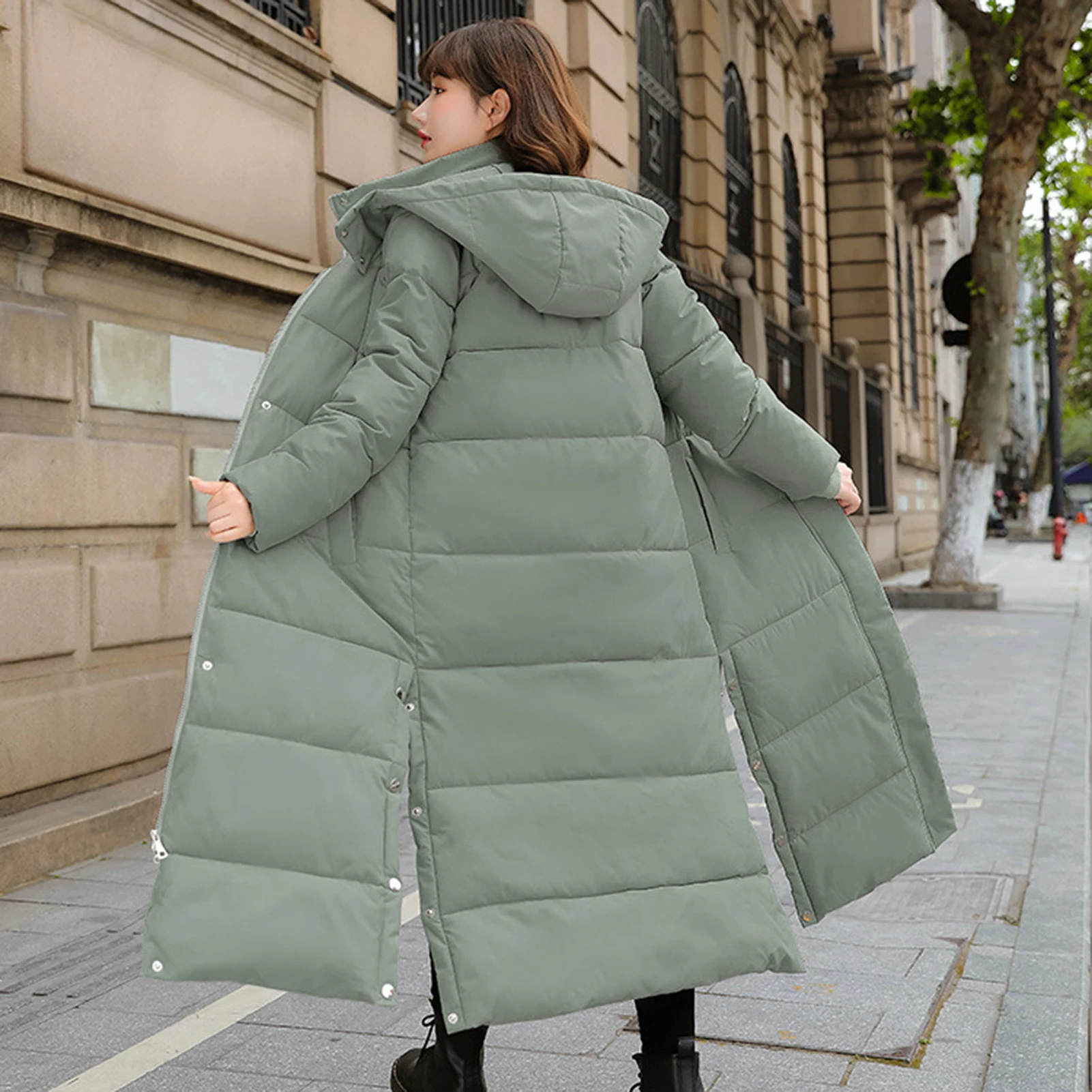 Thick Warm Jacket Stylish Women\'s Cotton Coat with Hood Long Sleeves Side Slit Hem Solid Color Down Jacket with for Outwear