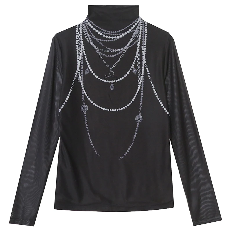 Modna bluzka damska z nadrukiem, długi rękaw, wysoki kołnierz, dopasowany krój, modny styl uliczny, geometryczny wzór, zimowa...