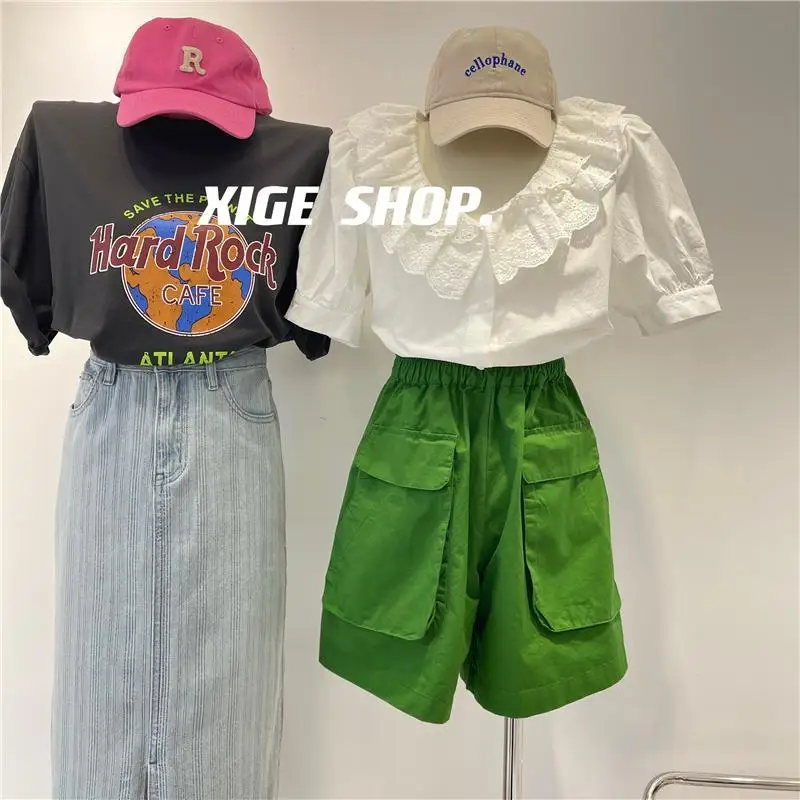 Summer New Pocket Patchwork High Waist A-line Wide Leg Pants Solid Color Loose Plus Size Shorts Fashion Trend Women Clothing