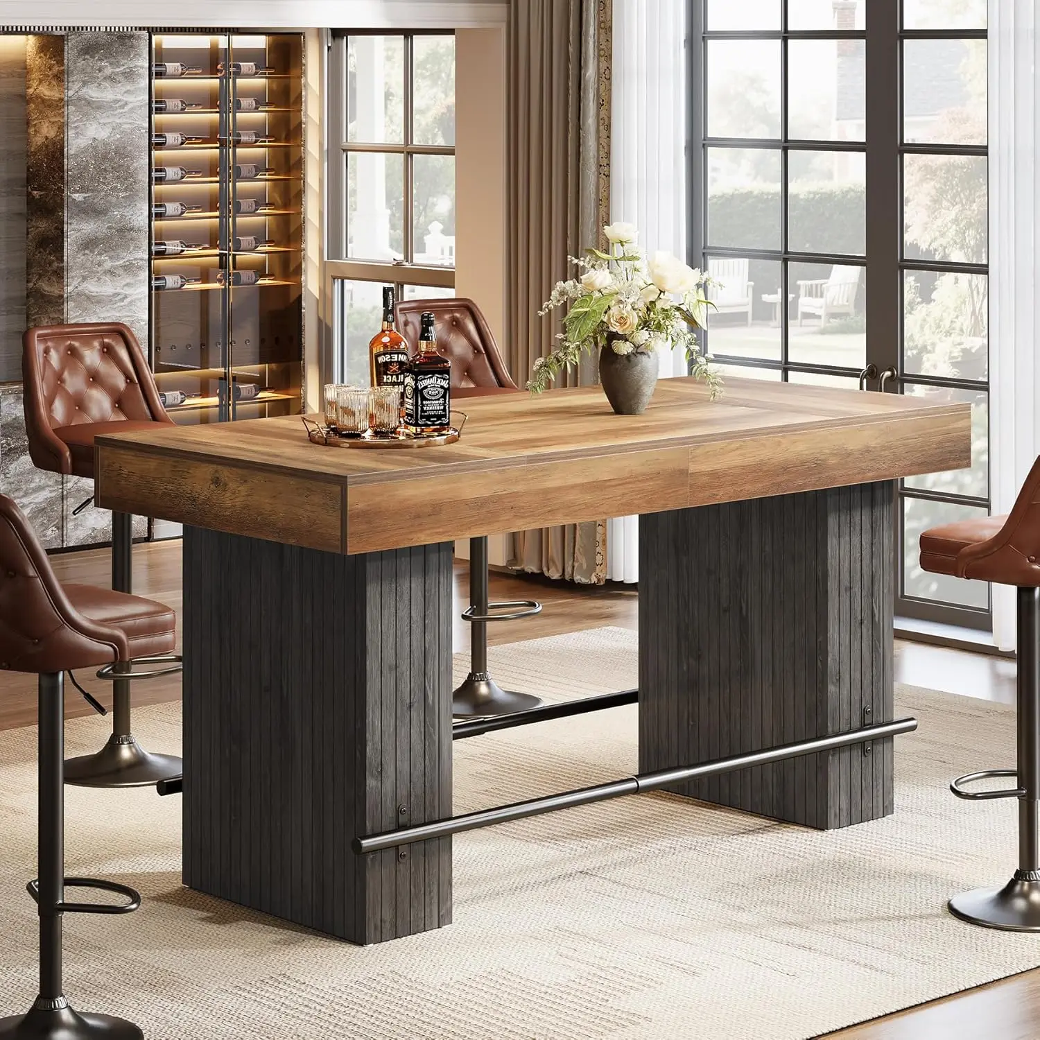 62.2 Inch Bar Table, Industrial Counter Height Pub Dining Table, Rectangular Home Bar Units with Metal Footrest for Home Kitchen