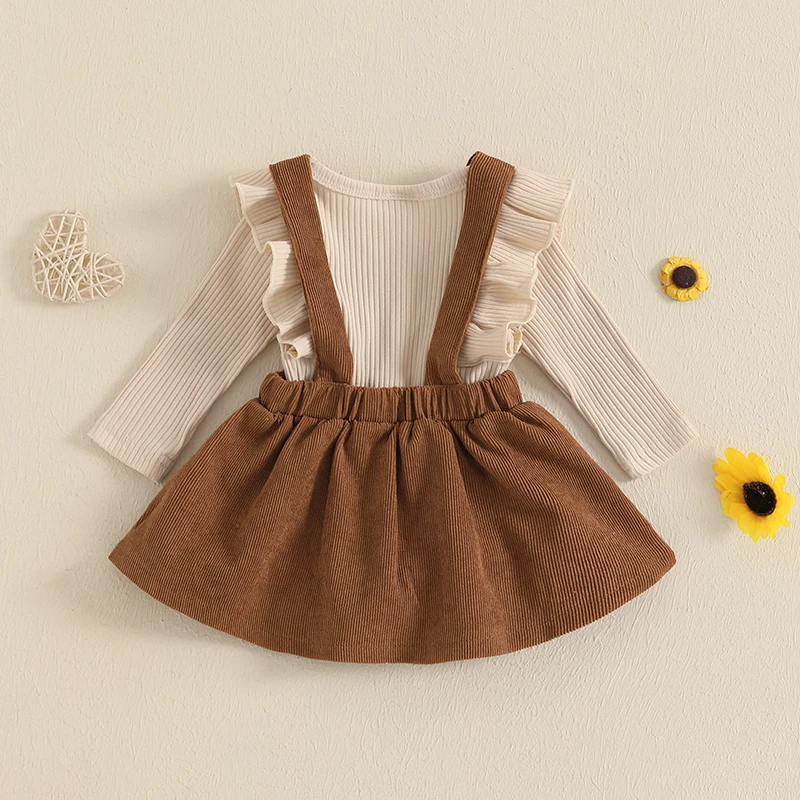 Infant Baby Girl Clothes Ruffles Ribbed Romper Long Sleeve Corduroy Suspender Skirt Dress Fall Winter Outfits