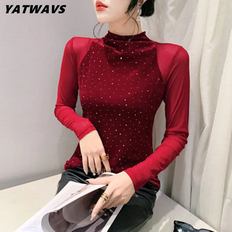 

New Spring Fashion Diamond Mesh Patchwork T-shirt Women Designer Sexy Hollow Out Long Sleeve Half High Collar Top Tee