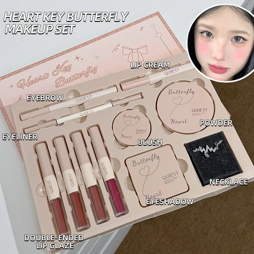 Juego de cosméticos de mariposa en forma de corazón, delineador de ojos de color de labios, colorete en polvo, sombra de ojos en polvo, juego de maquillaje, uso diario, regalo de vacaciones