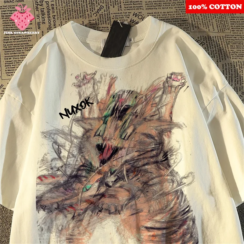 

Cute Crazy Cat Print T-shirt Women MenShort sleeve Summer 2025 New 100% Cotton Casual T-shirt Y2k Tops kawaii Female clothing