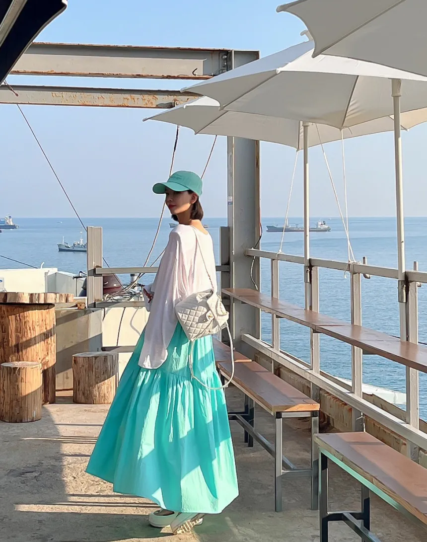 กระโปรงทรงเอพลีทยาวแบบเรโทรสำหรับผู้หญิง ดีไซน์เอวสูง ผ้าโพลีเอสเตอร์ ทรงบานใหญ่ สไตล์เกาหลี