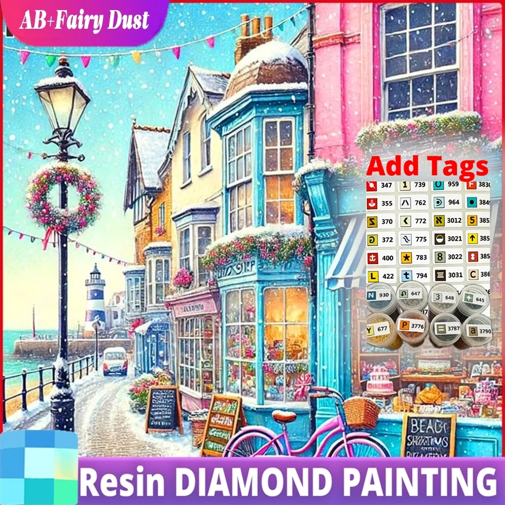 

Resin AB Fairy Dust 5D DIY Diamond Painting Winter Street Building Diamond Embroidery Landsacape Set Gift